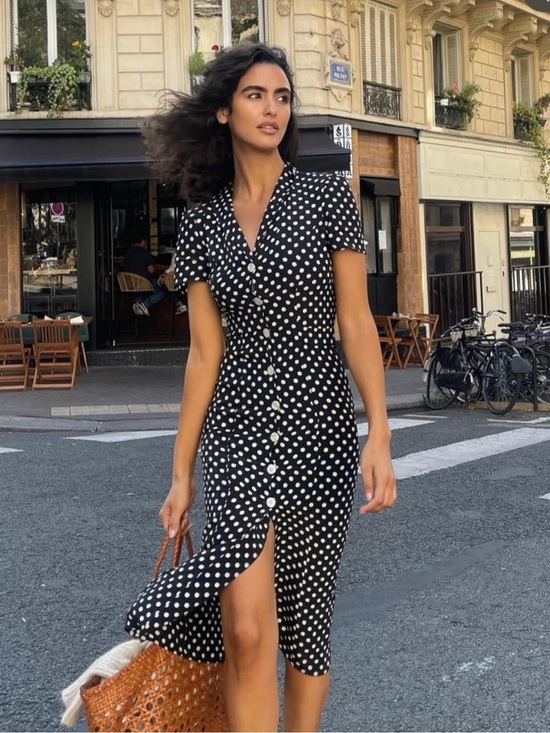 Rouje Dresses & Skirts - ROUJE Black & White Polka Dot Printed Retro Button Down Marin Midi Dress 36 2/4